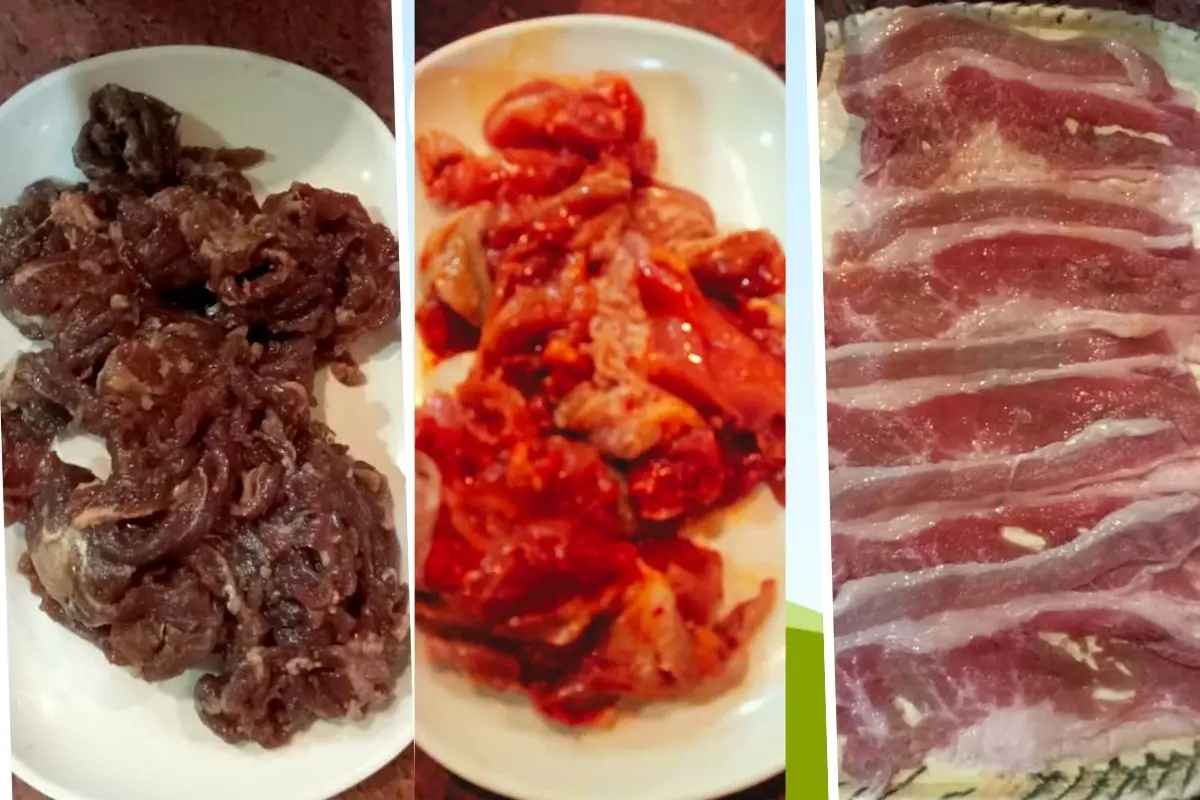 thinly-sliced pork belly, beef and chicken meat